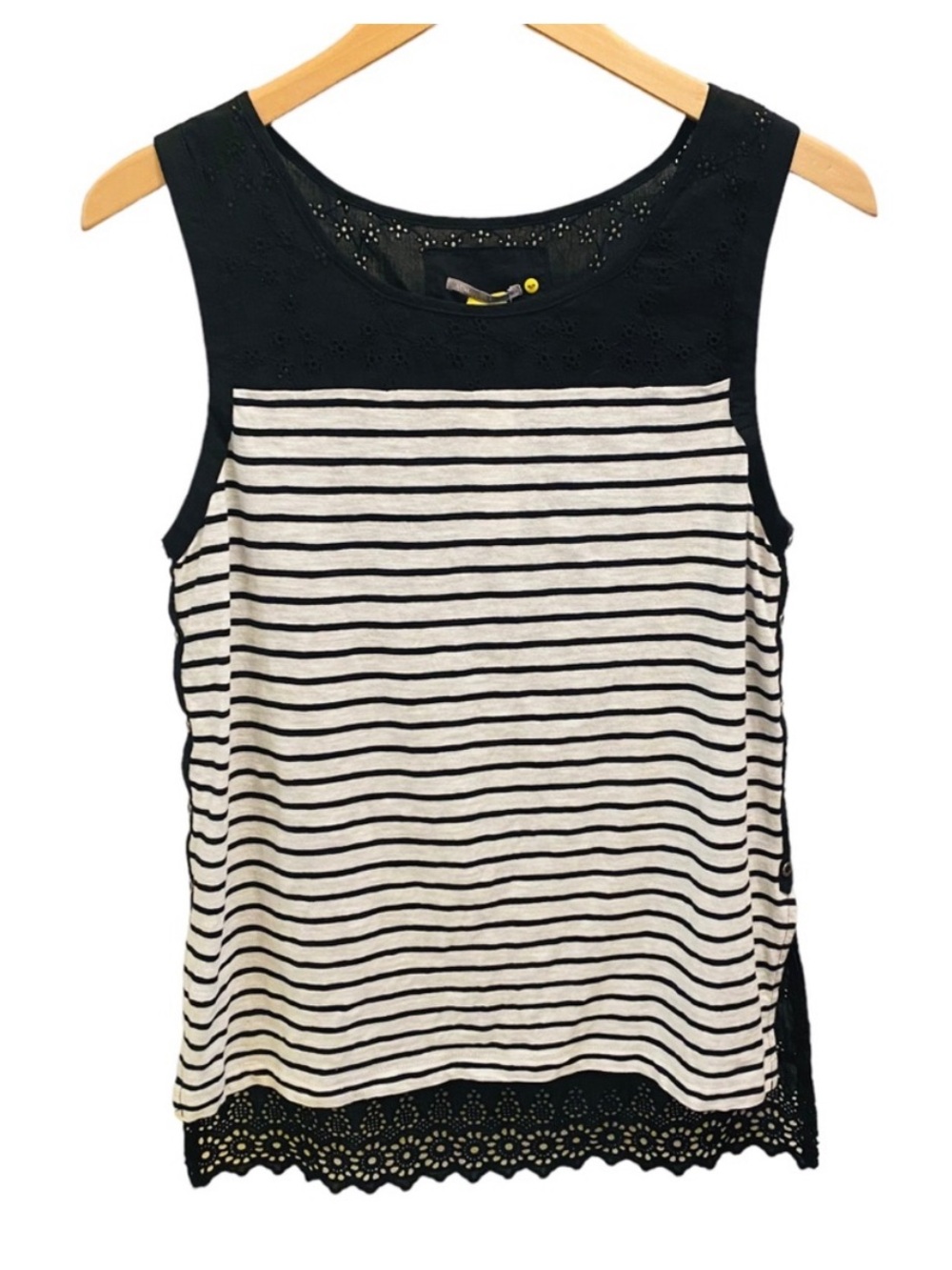 ANTHROPOLOGIE NWT Little Yellow Button Black and White Stripe Lace Panel Top